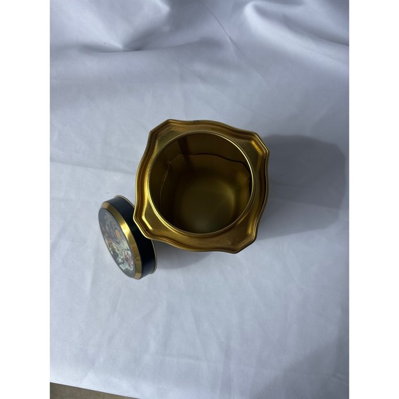 Vintage Chinoiserie Metal Tea Tin Green Gold Pagoda Landscape Storage Canister - Picture 7 of 8